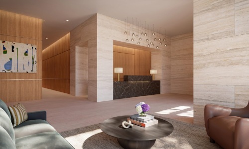 a lobby with a front desk and chairs