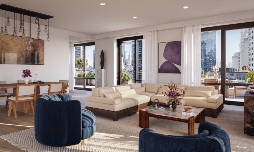 a room with a couch, tables and chairs