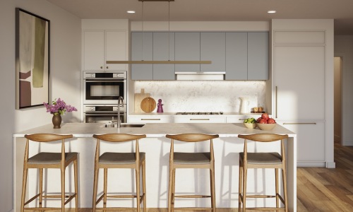 a kitchen with chairs